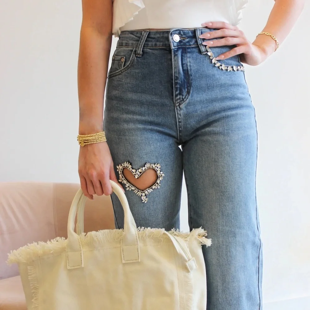 Stylish Blue Jeans with Heart Cutout - Picture 1 of 5